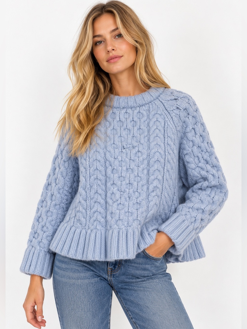 SMYTHE x Augden Cable Knit Swing Sweater Powder Blue Chunky Knit